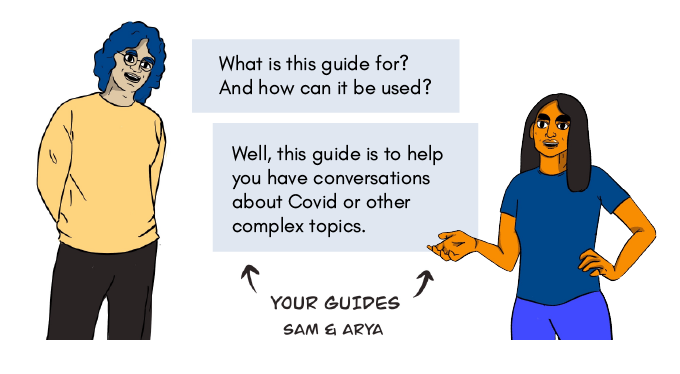 Sam, one of the narrators, addresses the reader.
'What is this guide for? And how can it be used?'
Arya, a narrator, addresses the reader.
'Well, this guide is to help you have conversations about Covid or other complex topics.'
