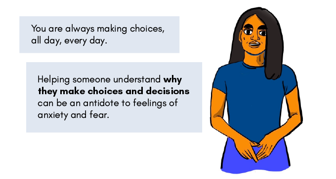 Ayra addresses the reader:
'You are always making choices, all day, every day.
Helping someone understand why or what choices and decisions can be an antidote to feelings of anxiety and fear.'