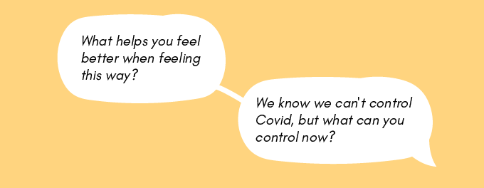 speech bubbles:
"What helps you feel better when feeling this way?"
"We know we can't control Covid, but what can you control now? "