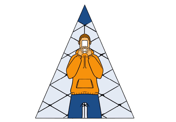A young person standing typing on a phone held in front of his face. He is standing within a triangle that has a net shape behind him and a compass point at the top of the triangle.